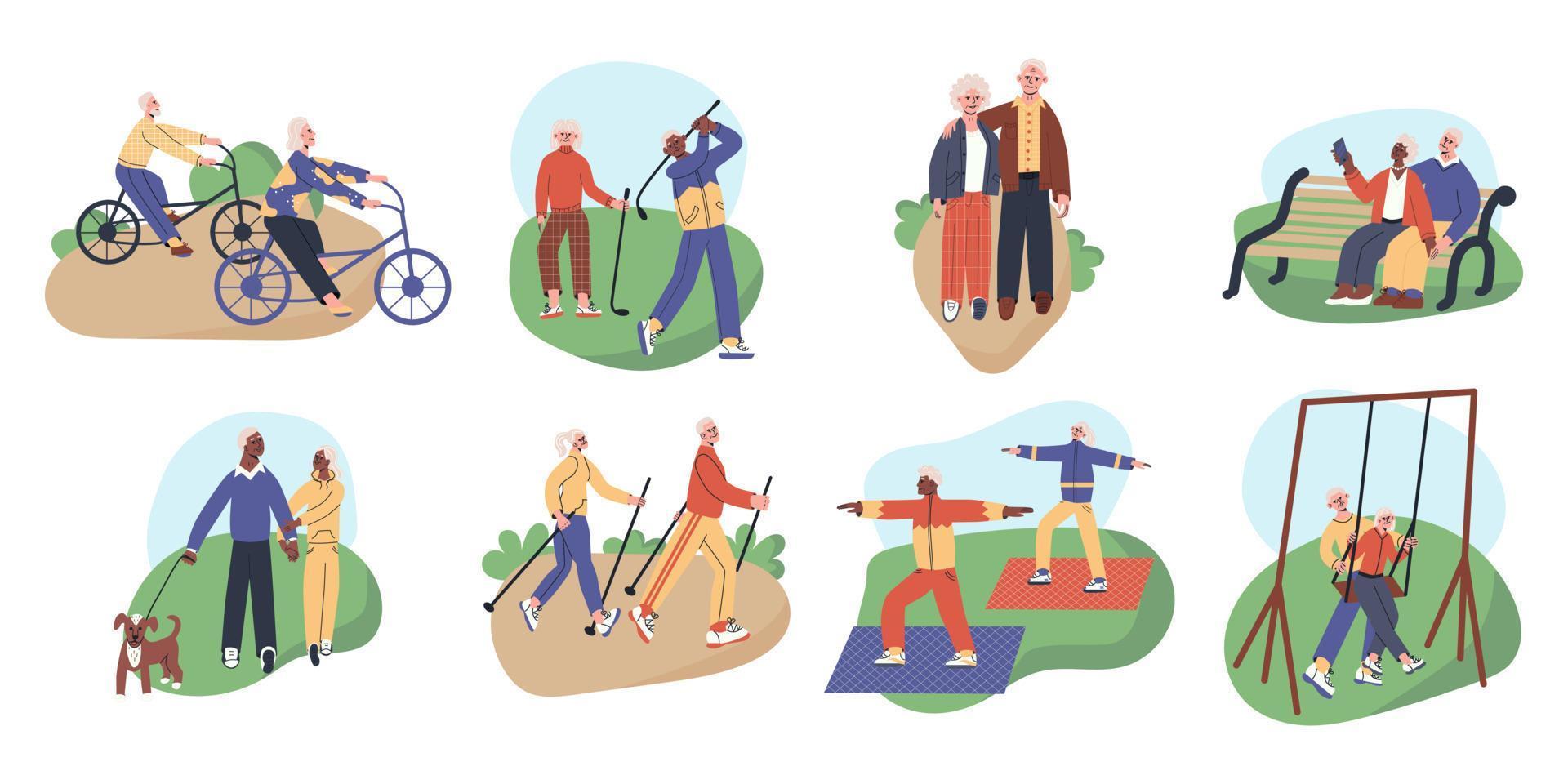 Set with happy active senior couples. Elderly man and woman make nordic walking, yoga, golf, riding bicycles, swing on a swing, take selfiye. vector