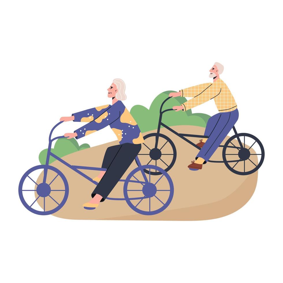 Happy senior couple riding bicycles in the park. Elderly man and woman lead an active lifestyle. vector