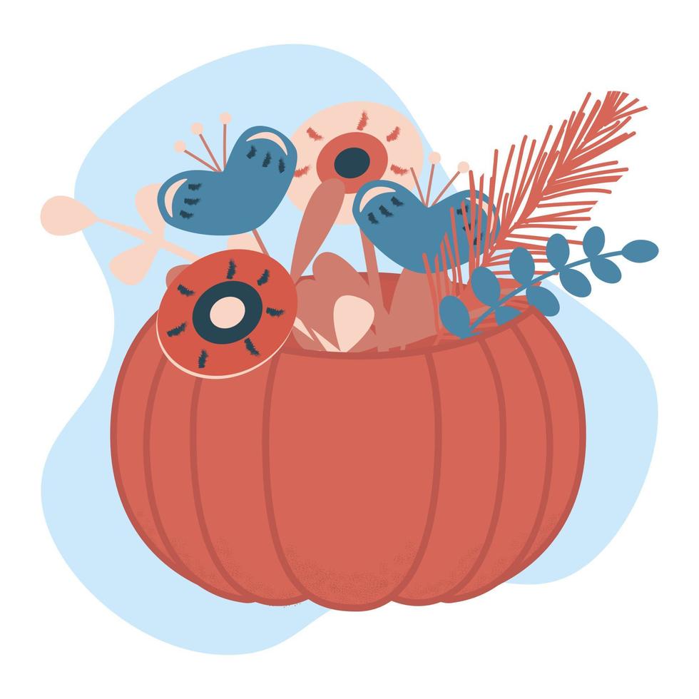 Autumn colorful flowers in pumpkin vase. Vector flat illustration