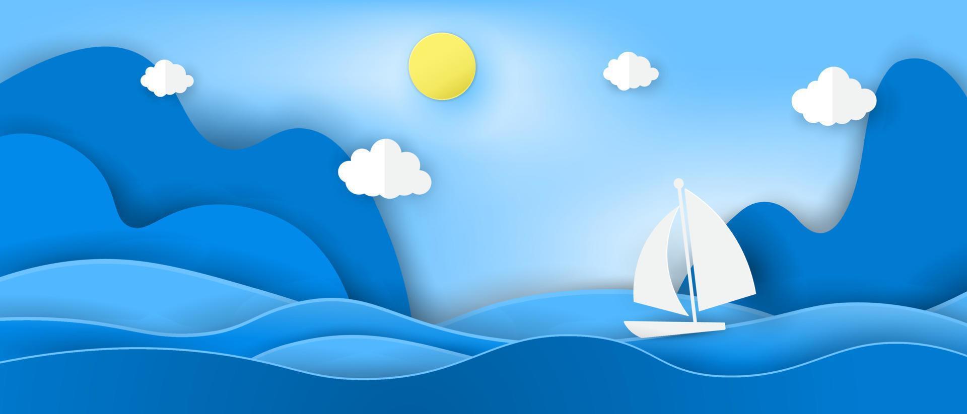 barco de origami flotando en el mar azul. vector