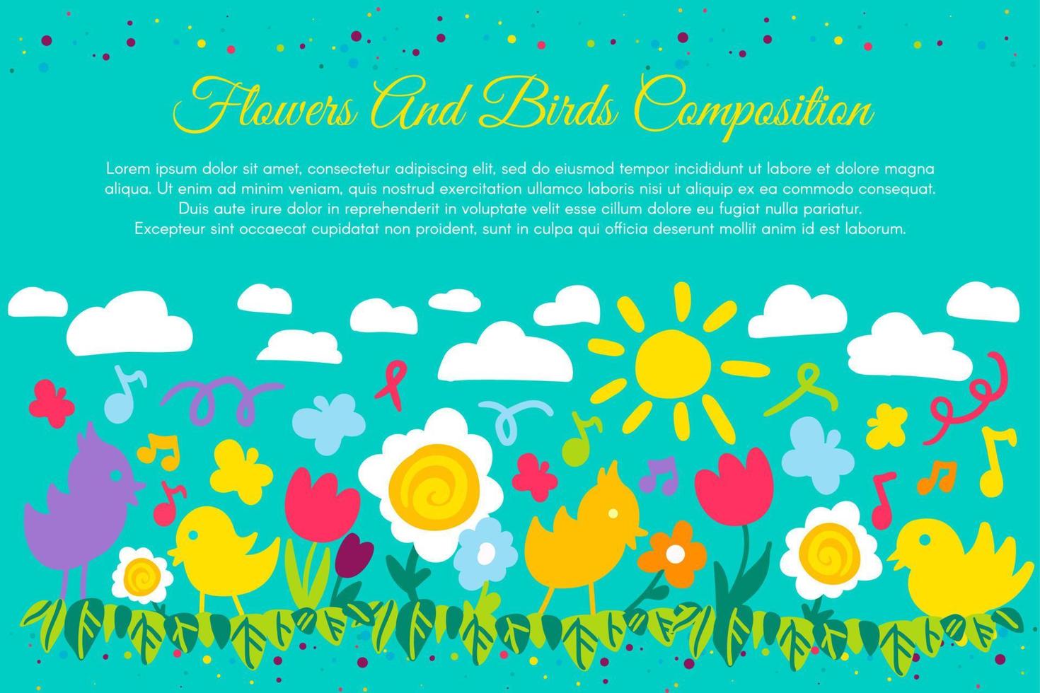 Birds and flowers flat banner with copyspace vector