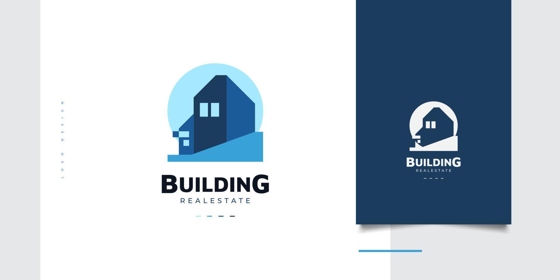 diseño de logotipo de edificio azul para la identidad empresarial inmobiliaria. logotipo o icono de la casa moderna. logotipo de la industria de la arquitectura o la construcción vector