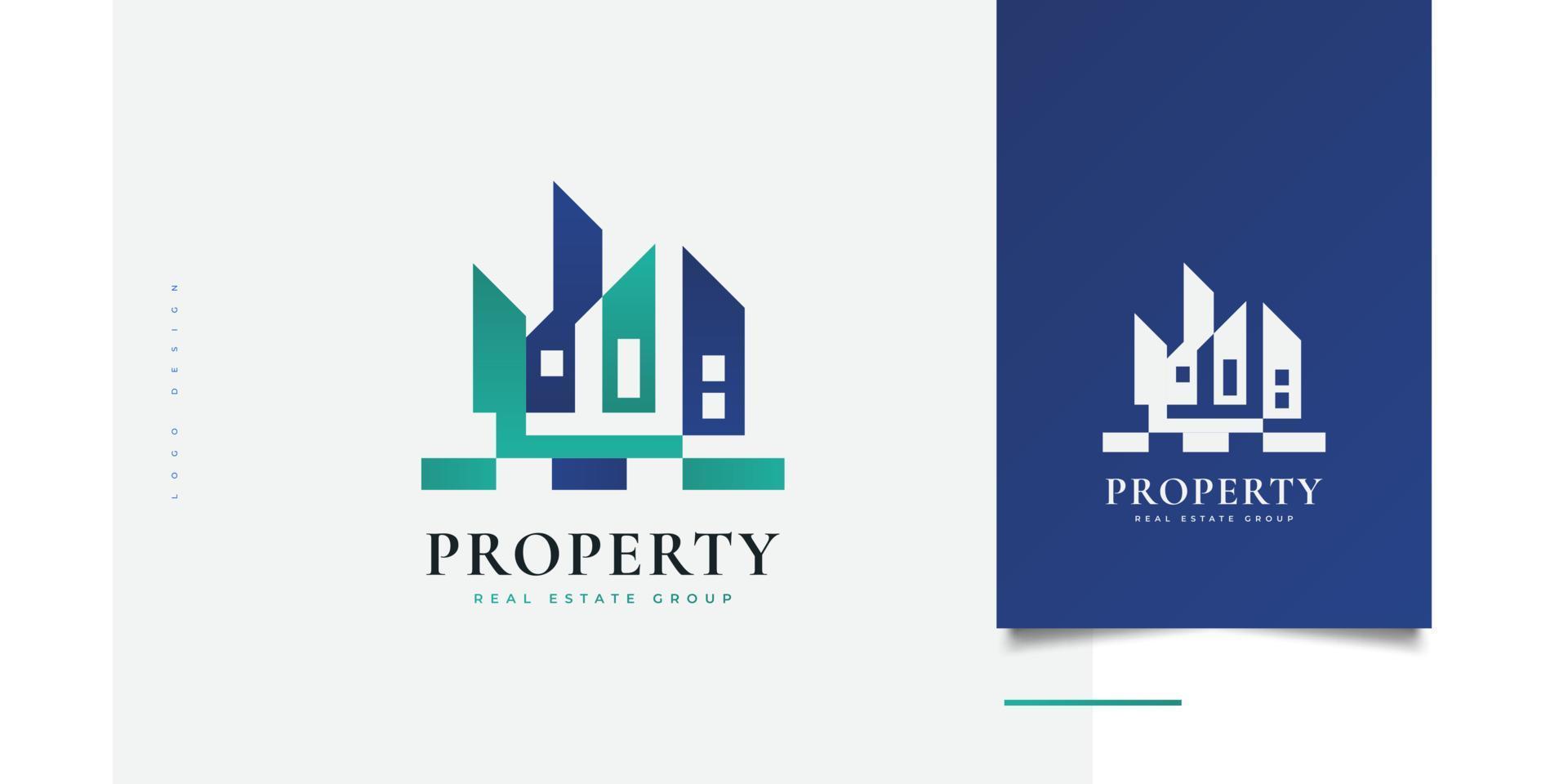 diseño de logotipo de casa abstracto y futurista. moderno logotipo inmobiliario azul y verde. icono de edificio o arquitectura vector