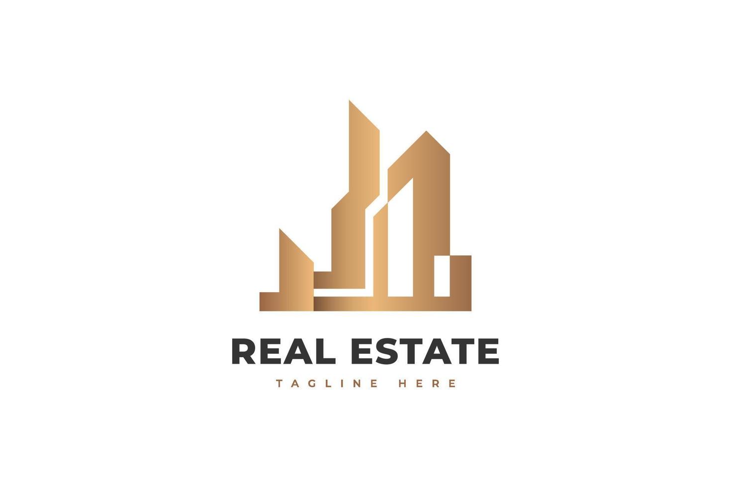 diseño de logotipo inmobiliario de lujo. arquitectura de oro, edificación y construcción para la identidad de la industria inmobiliaria vector