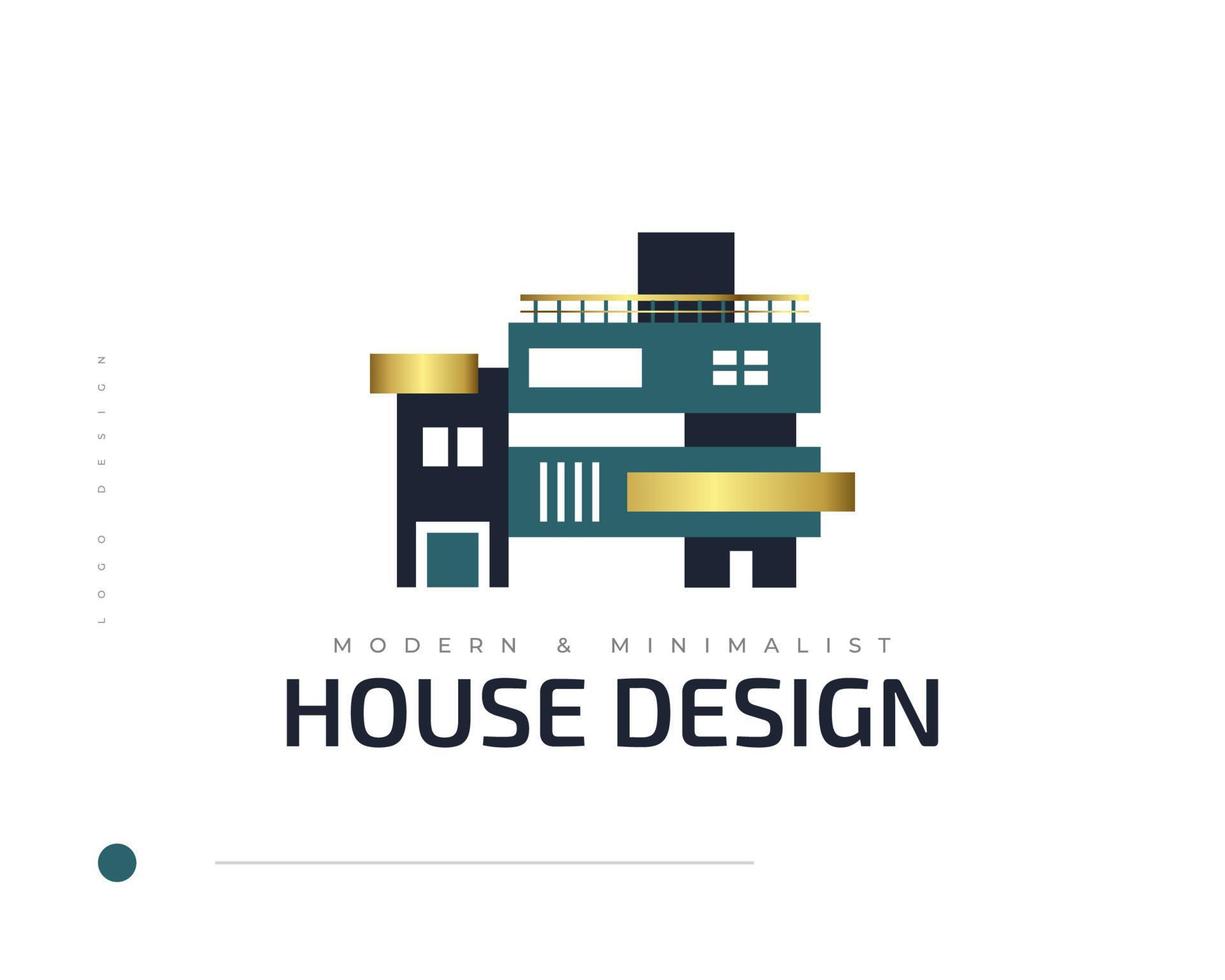 Modern and Minimalist Real Estate Logo Design in Blue and Gold Concept. Elegant House Illustration for Architecture or Construction Industry Company Identity vector