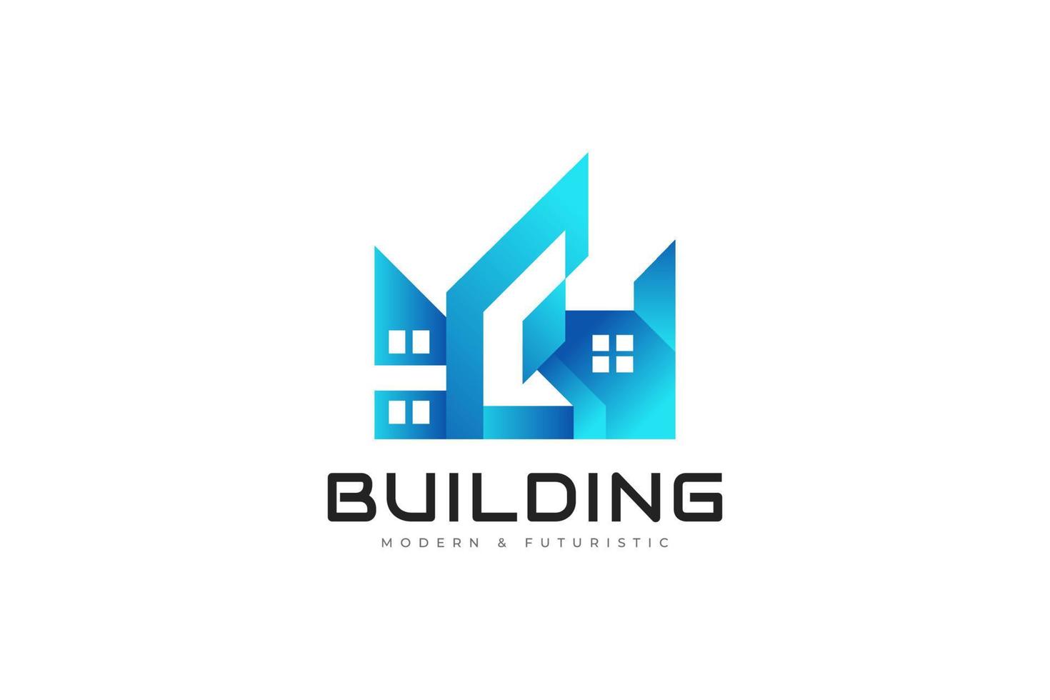 diseño de logotipo inmobiliario moderno y futurista. logotipo de edificio azul abstracto. identidad de marca de la industria de la arquitectura o la construcción vector