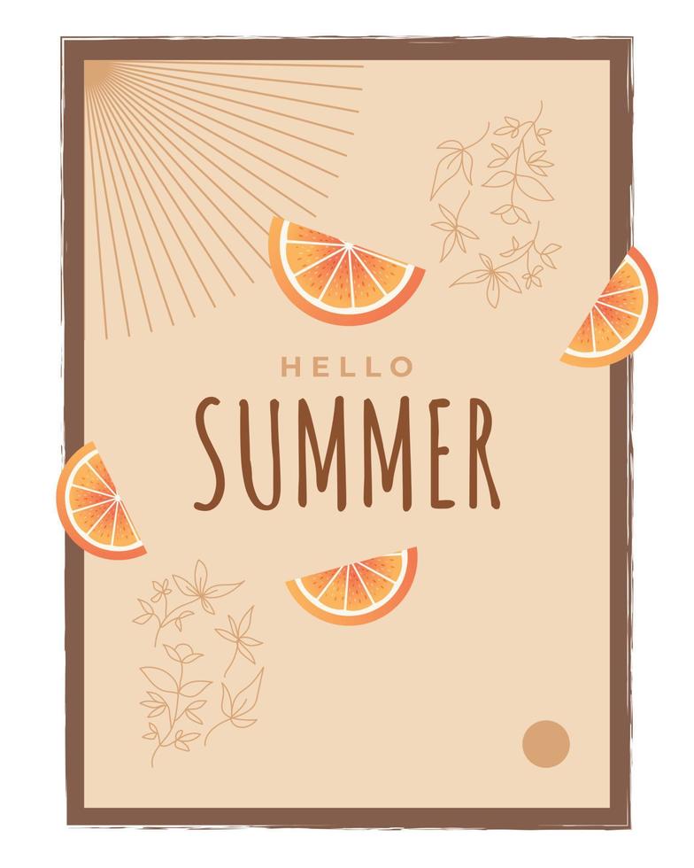 Minimalist Summer Background with Flowers and Oranges Illustration. Summer Time Background for Banner or Poster Design vector