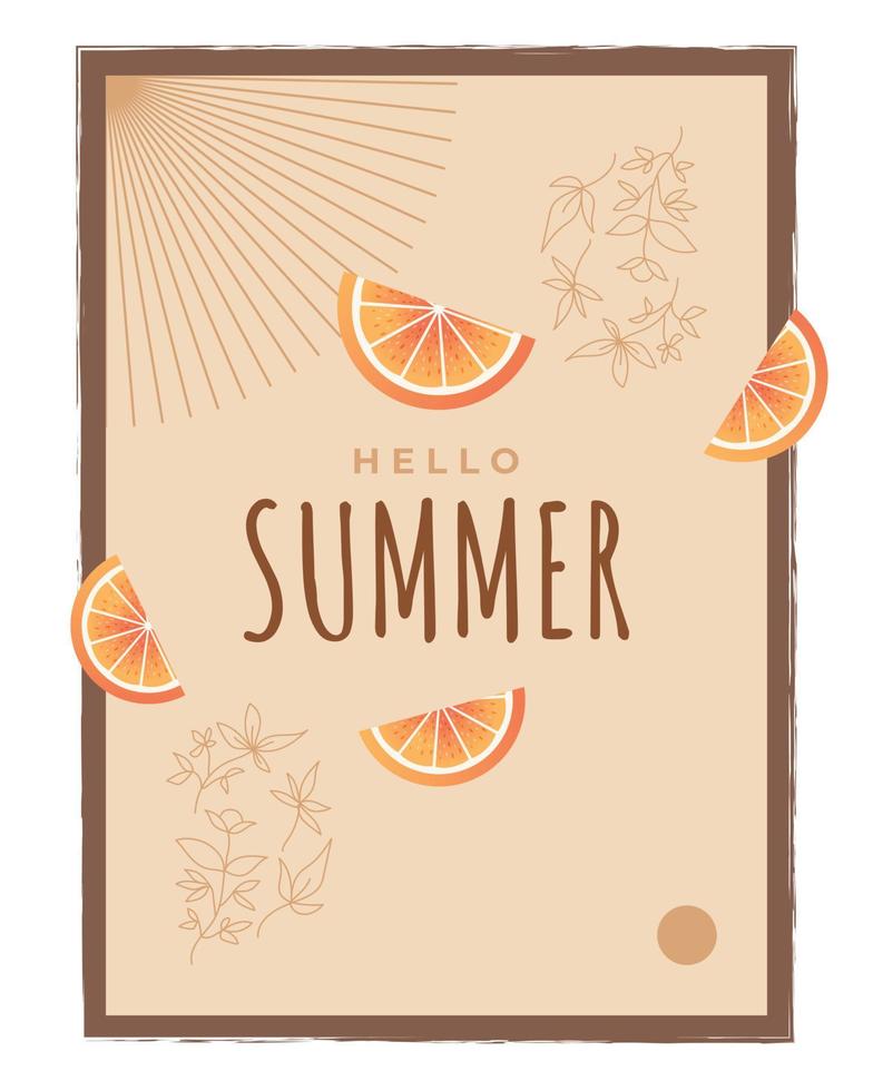 fondo de verano minimalista con ilustración de flores y naranjas. fondo de horario de verano para el diseño de pancartas o carteles vector