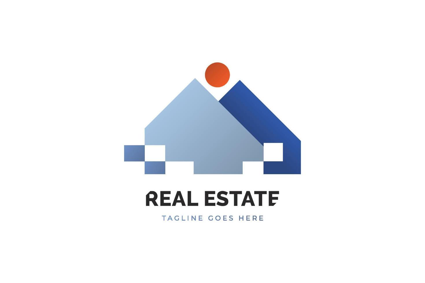 Modern Real Estate Logo Design. Abstract Blue House Logo with Sun Above. Architecture or Construction Industry Brand Identity vector