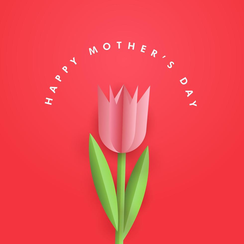 Happy Mother's Day poster banner with origami paper cut flower, Mothers day greeting wishes red background wallpaper, realistic 3d vector design