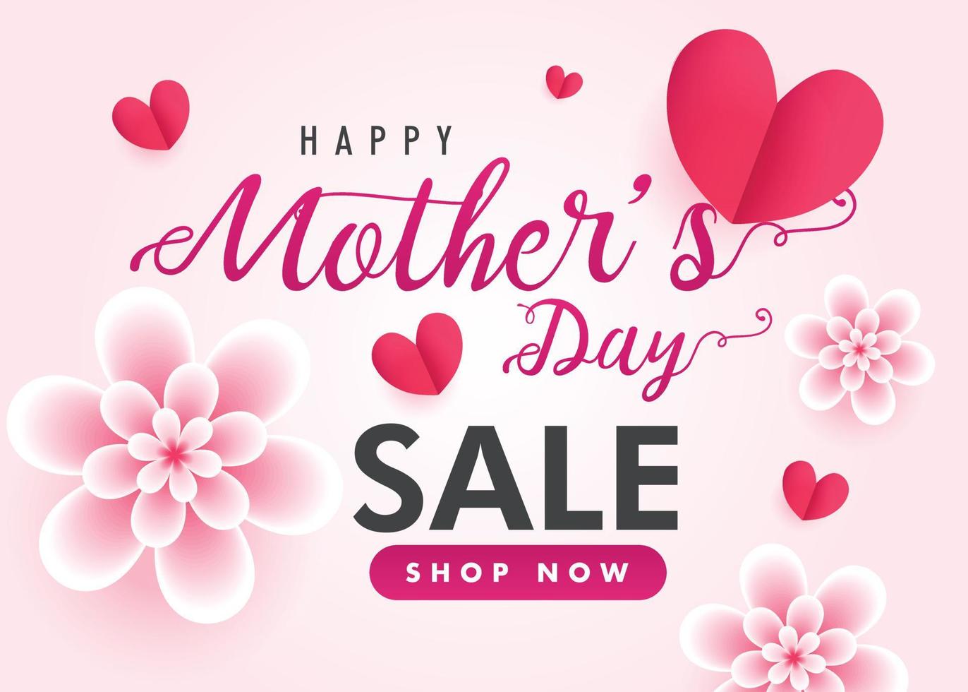 Happy Mother's Day sale banner design, elegant shop now realistic Mothers Day wallpaper with heart and flower illustration vector poster