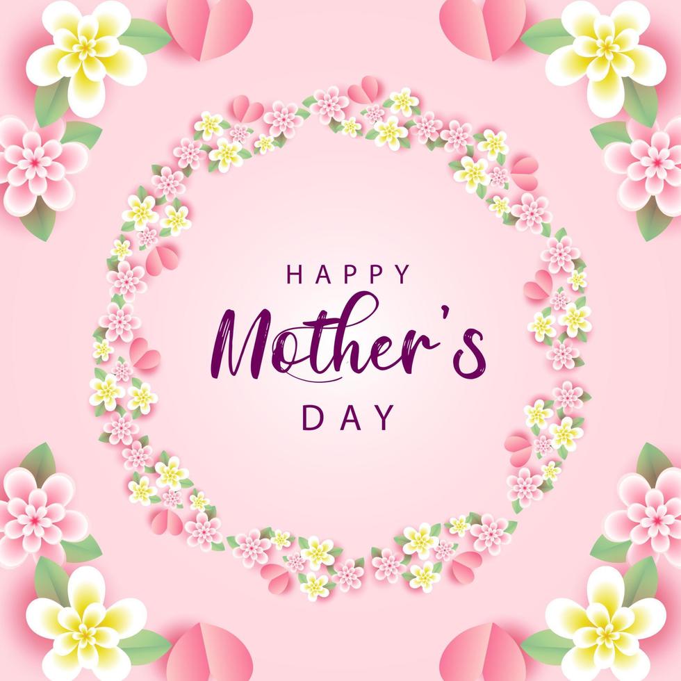 Happy Mothers Day greeting card poster vector with 3d realistic flowers and heart, Mother's Day wishes banner