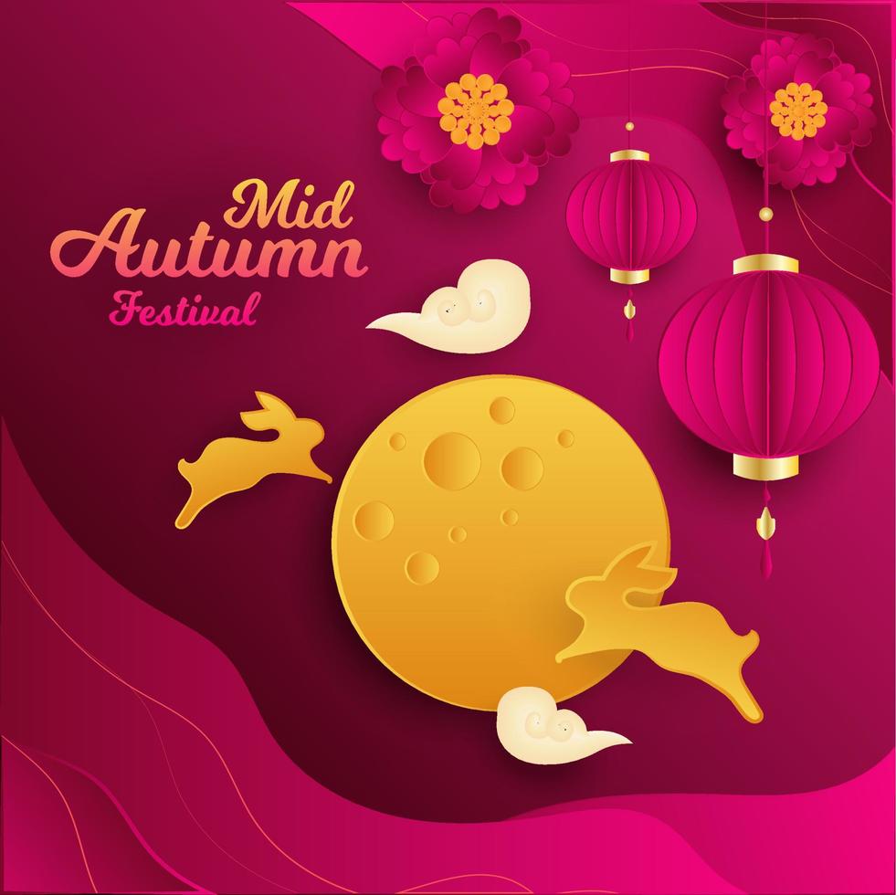 feliz mediados de otoño festival chino tarjeta de felicitación diseño de cartel luna nube lámpara conejo vector plantilla