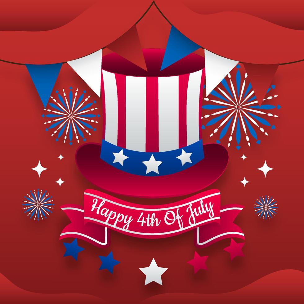 Happy 4th of july, independence day USA, America hat 3d poster greeting template background vector design