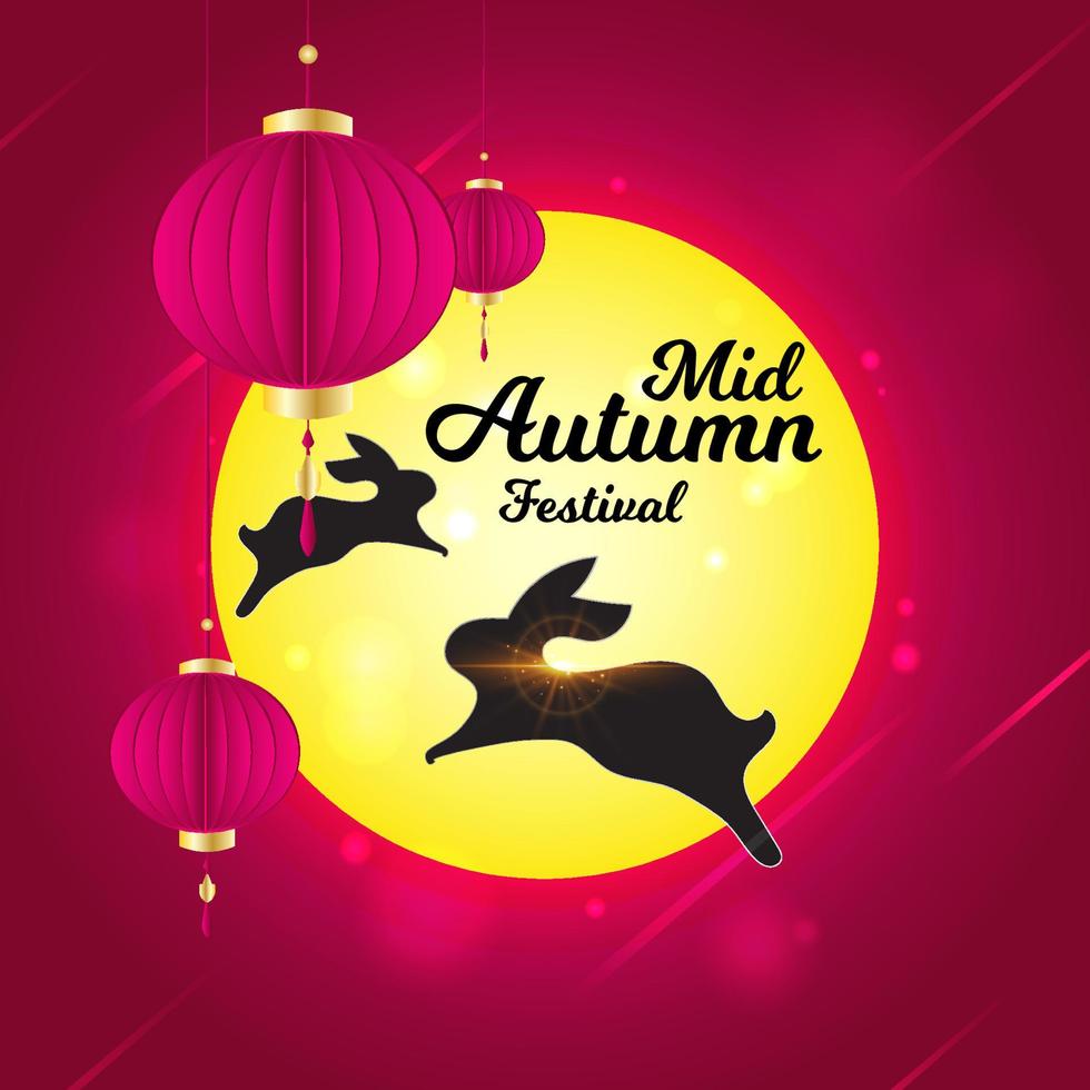 Happy mid autumn chinese festival greeting card moon rabbit lantern illustration design vector art