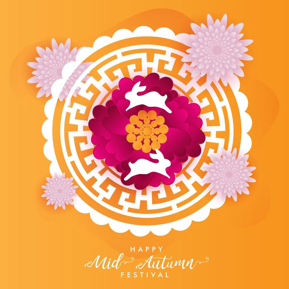 Happy mid autumn chinese festival greeting card calligraphy vector banner with rabbit bunny flowers