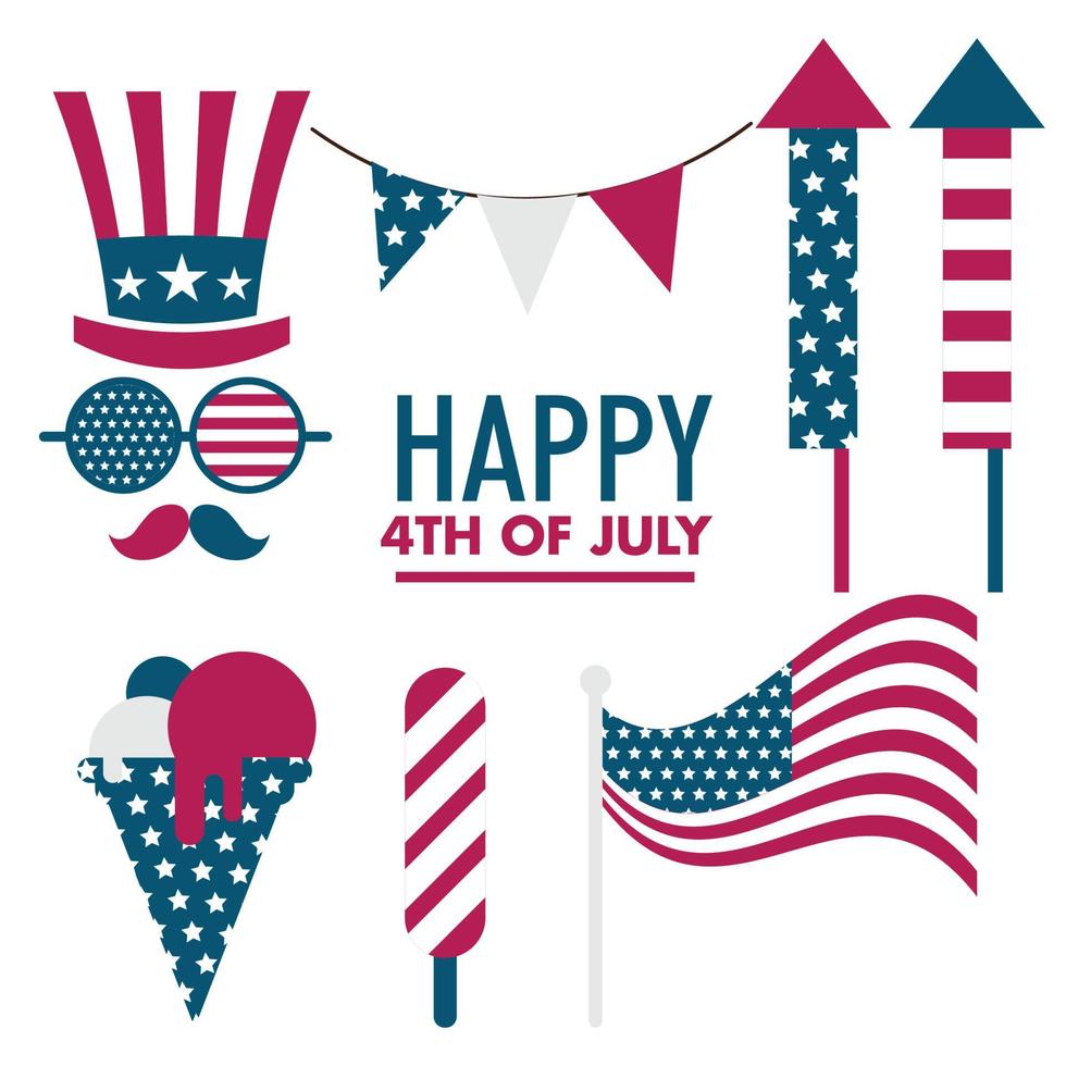 feliz 4 de julio, día de la independencia de estados unidos, elementos de vacaciones de américa conjunto de ilustración de vector de paquete de colección