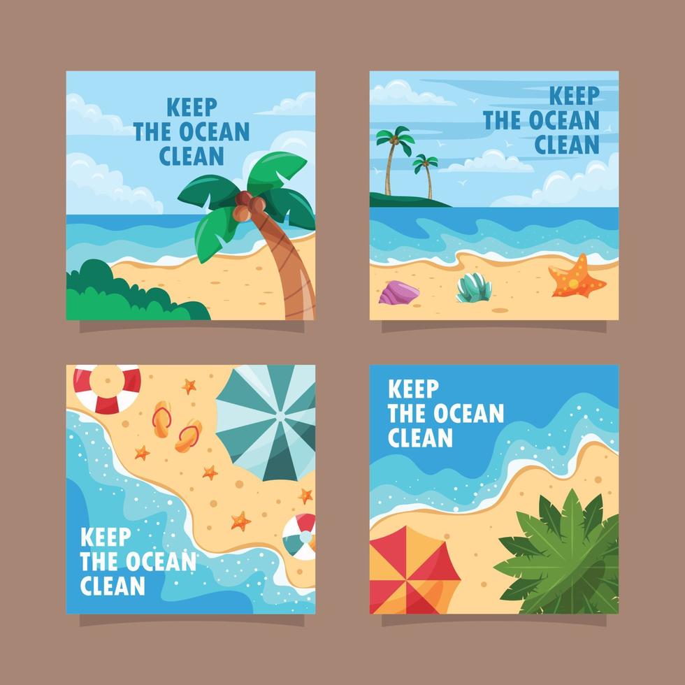limpieza de playas doodle colección de publicaciones de redes sociales dibujadas a mano vector