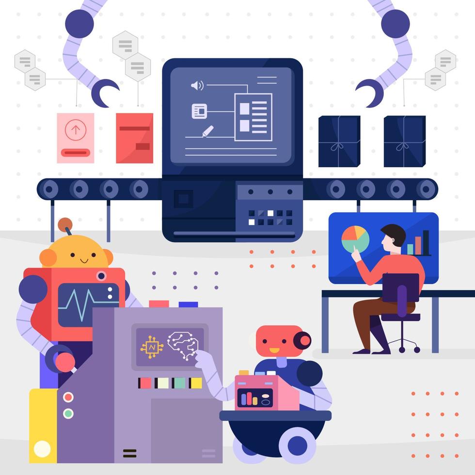 Robot Help Human in Factory Work Concept vector