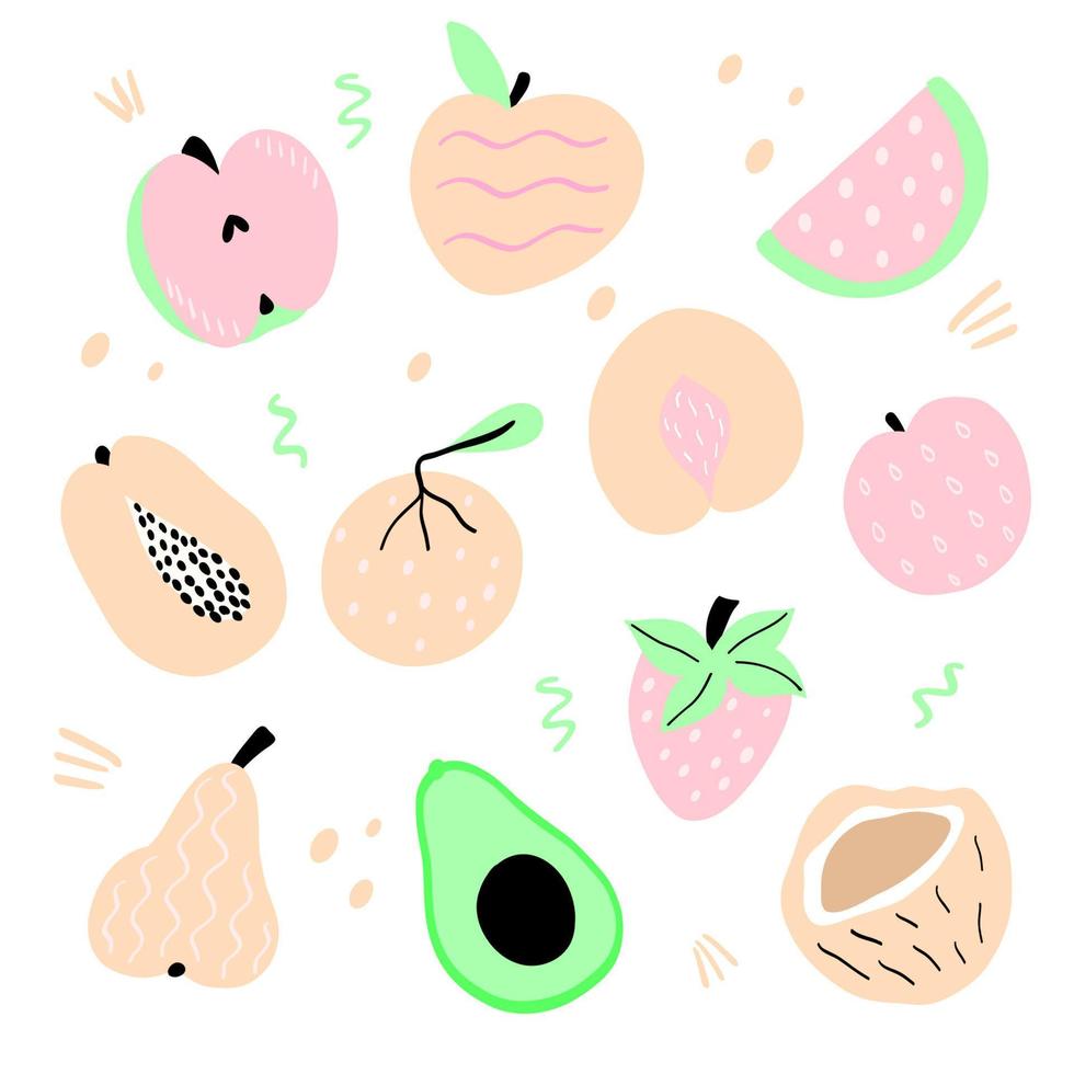Set with hand drawn fruit doodles. Hand drawn apple, strawberry, watermelon, pear, coconut, avocado, peach and orange. Vector illustration
