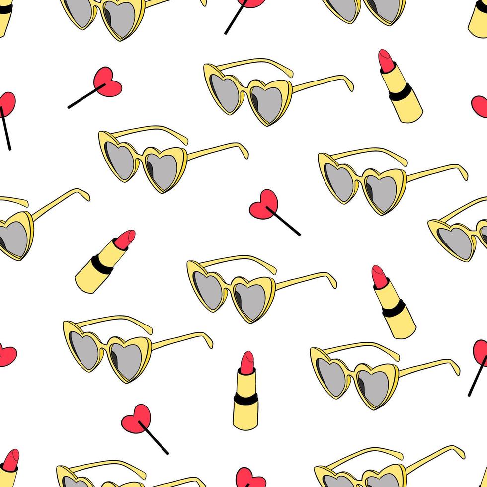 Yellow sunglasses, red lipstick and a lollipop. Retro style. Seamless pattern on white background Digital illustration vector