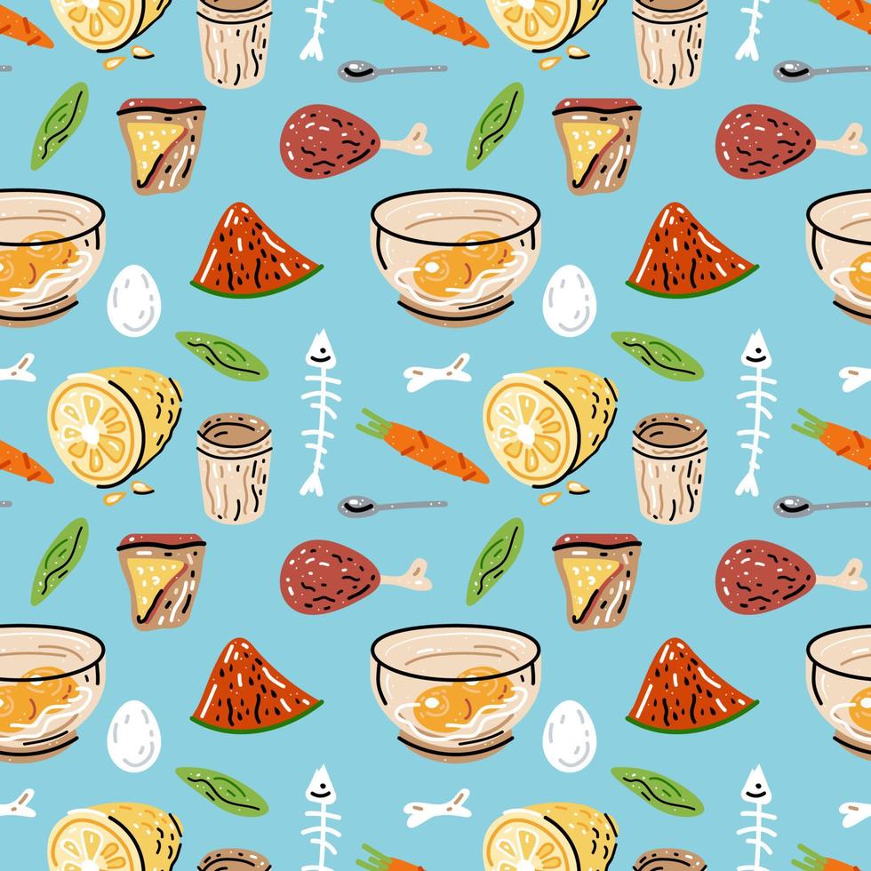 Colored seamless pattern of food and drink. Illustration for design of menu. vector