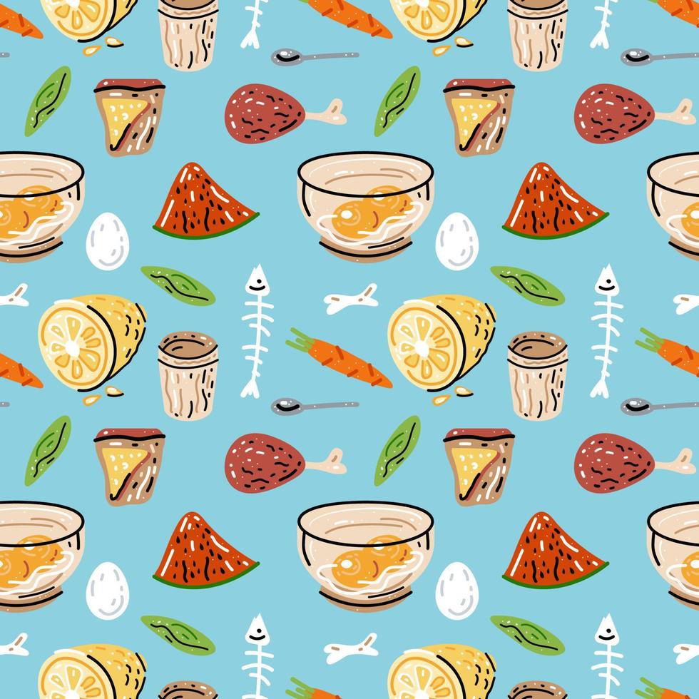 Colored seamless pattern of food and drink. Illustration for design of menu. vector