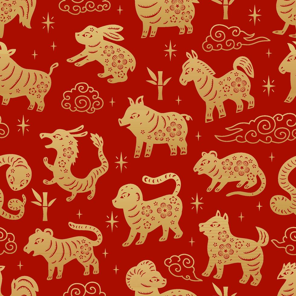 Chinese traditional Zodiac signs seamless pattern. Oriental ornament background vector