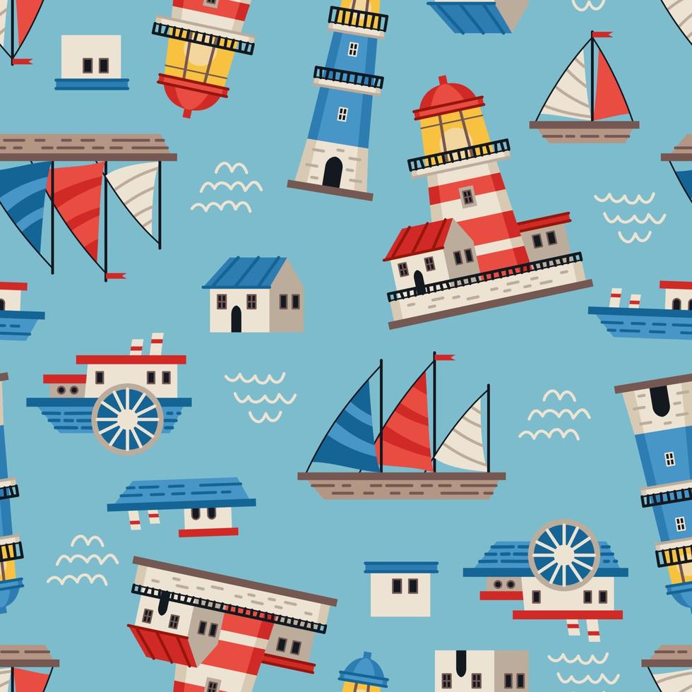 Lighthouses with searchlight, marine theme vector flat style seamless pattern