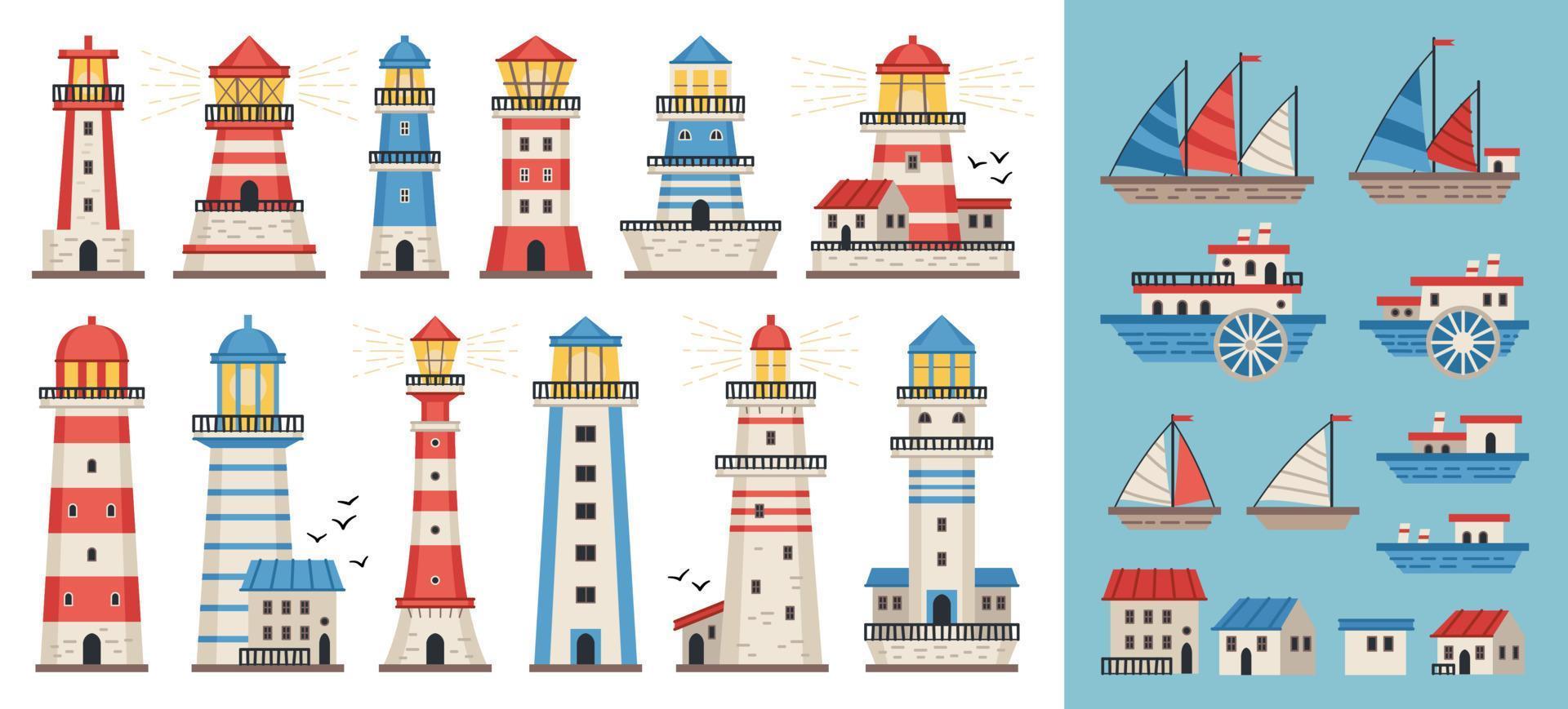 Sea lighthouse set. Sea flat style pharos or beacon collection vector