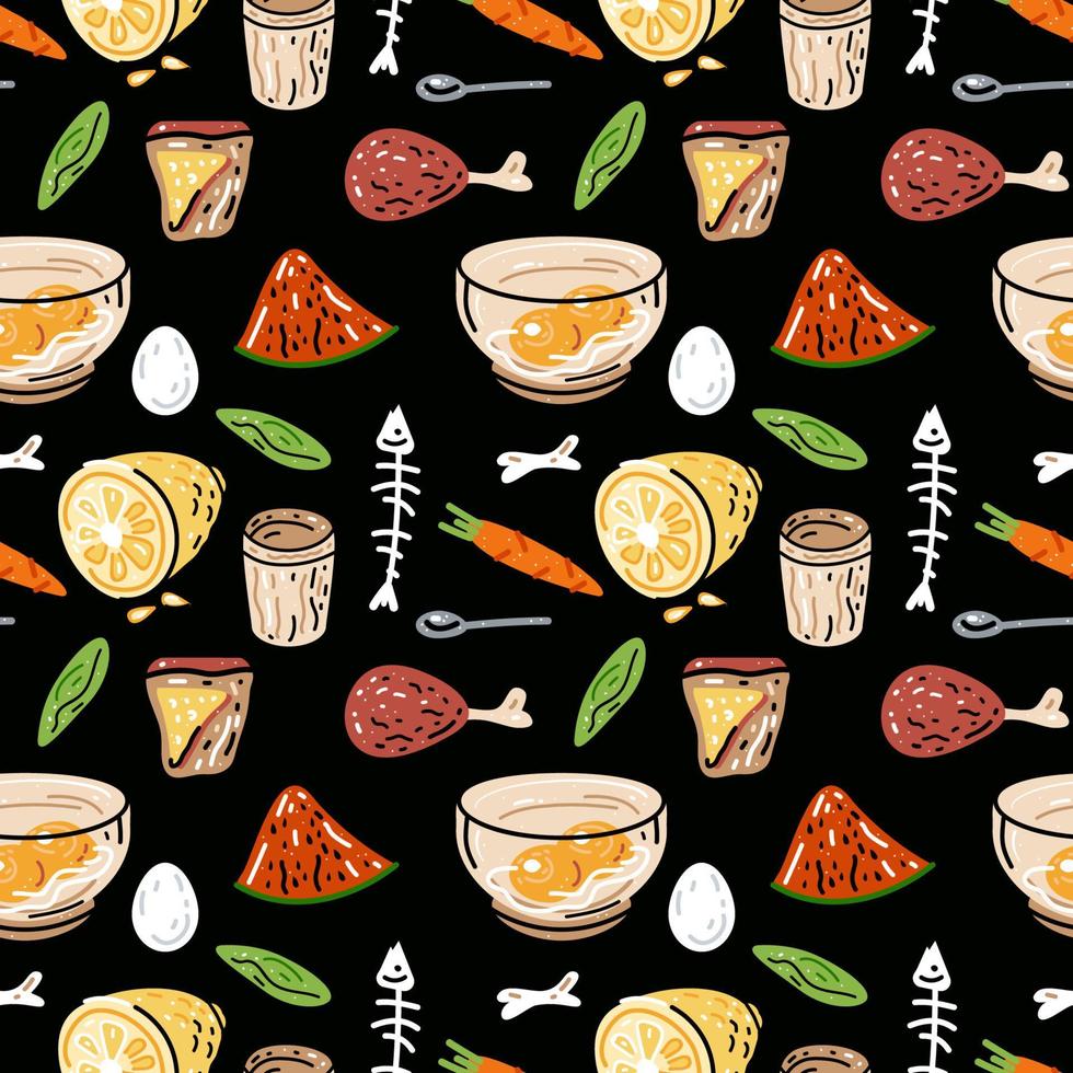 Colored seamless pattern of food and drink. Illustration for design of menu. vector