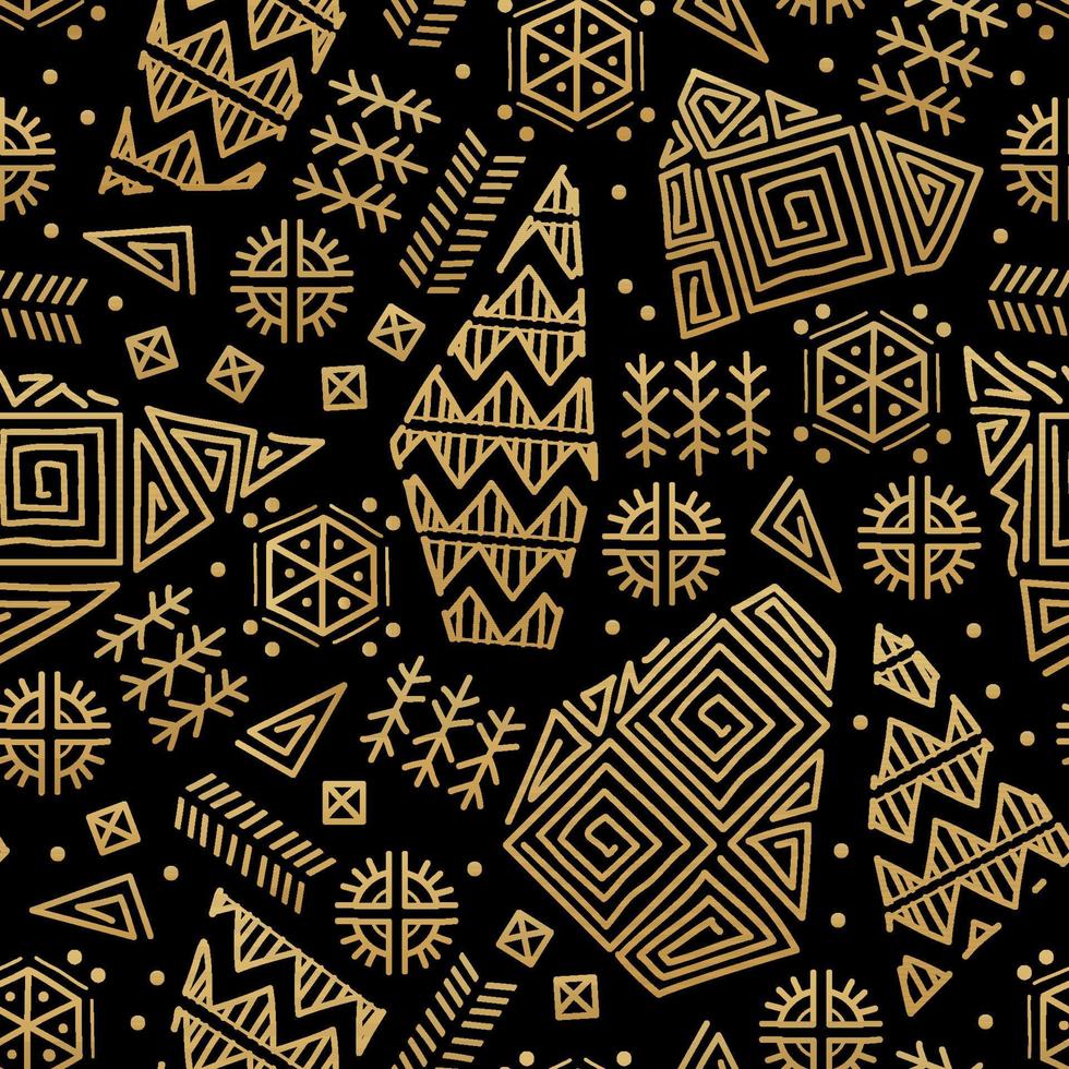 Mayan patchwork seamless pattern. Black and gold colors. vector