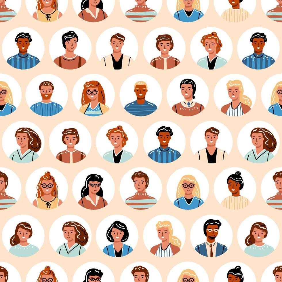 People avatar seamless pattern. Different portraits isolated business team vector