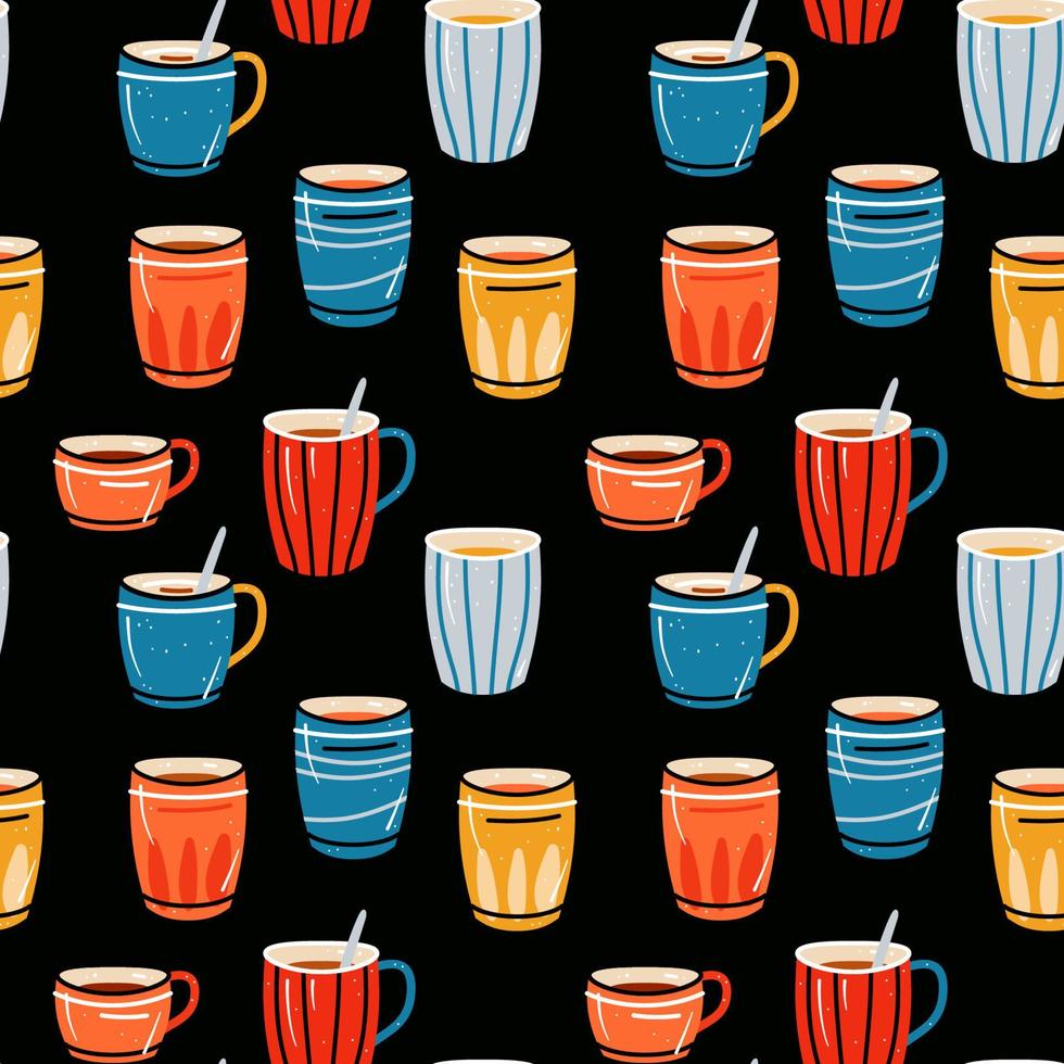 Seamless pattern with cups for tea and coffee, juices. Background with crockery vector