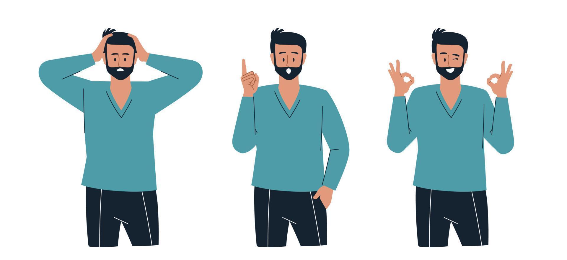 People. Man. Emotions and gestures. Infographics, presentation. Vector image.