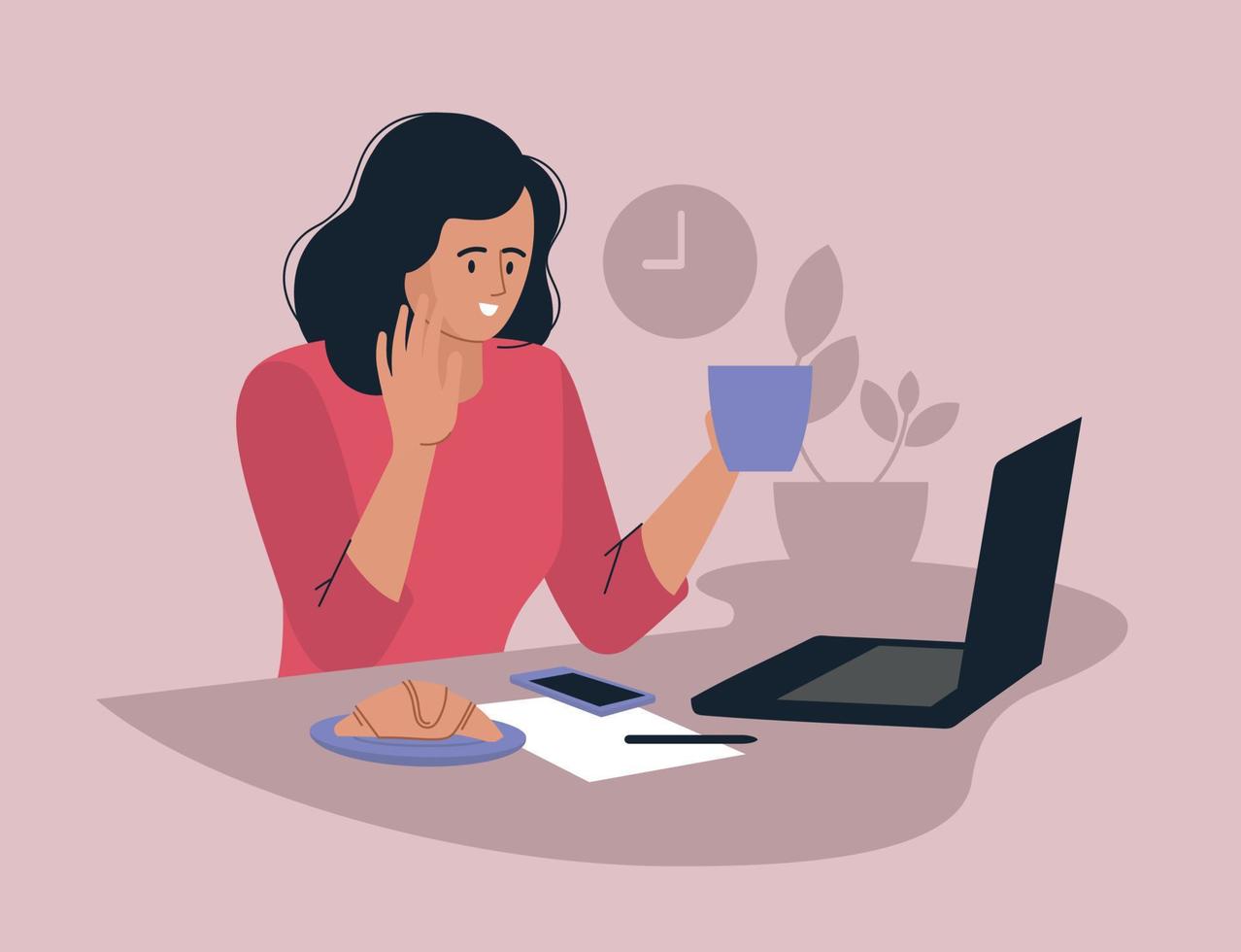 Online work. Woman with a laptop. People and business. The working process. Infographics, presentation. Freelancer, work from home. Vector image.