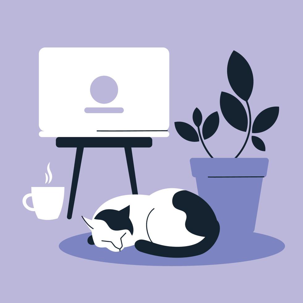 Cozy interior. Work at home. Laptop, cat, indoor plant. Vector image.