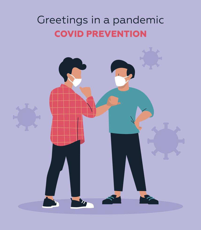 How to say hello during a pandemic. Prevention of Covid. The men bang their elbows as a greeting. Vector image.