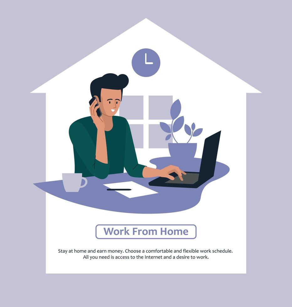 Online work. A man is working on a laptop. People and business. The working process. The guy is talking on the phone. Infographics, presentation. Freelancer, work from home. Vector image.