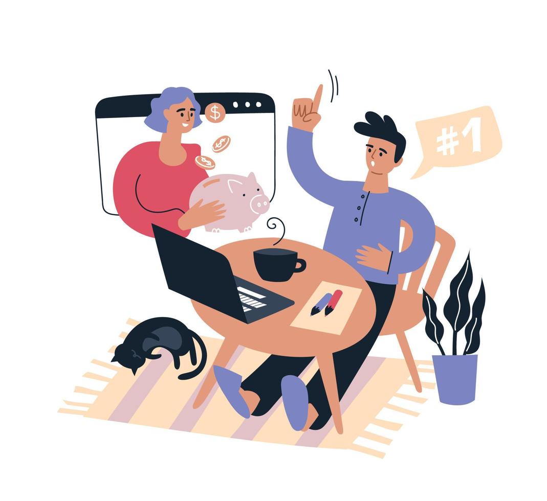 Online work. Work from home. A man with a laptop works, holds online meetings and negotiations. People and business.Vector image. vector