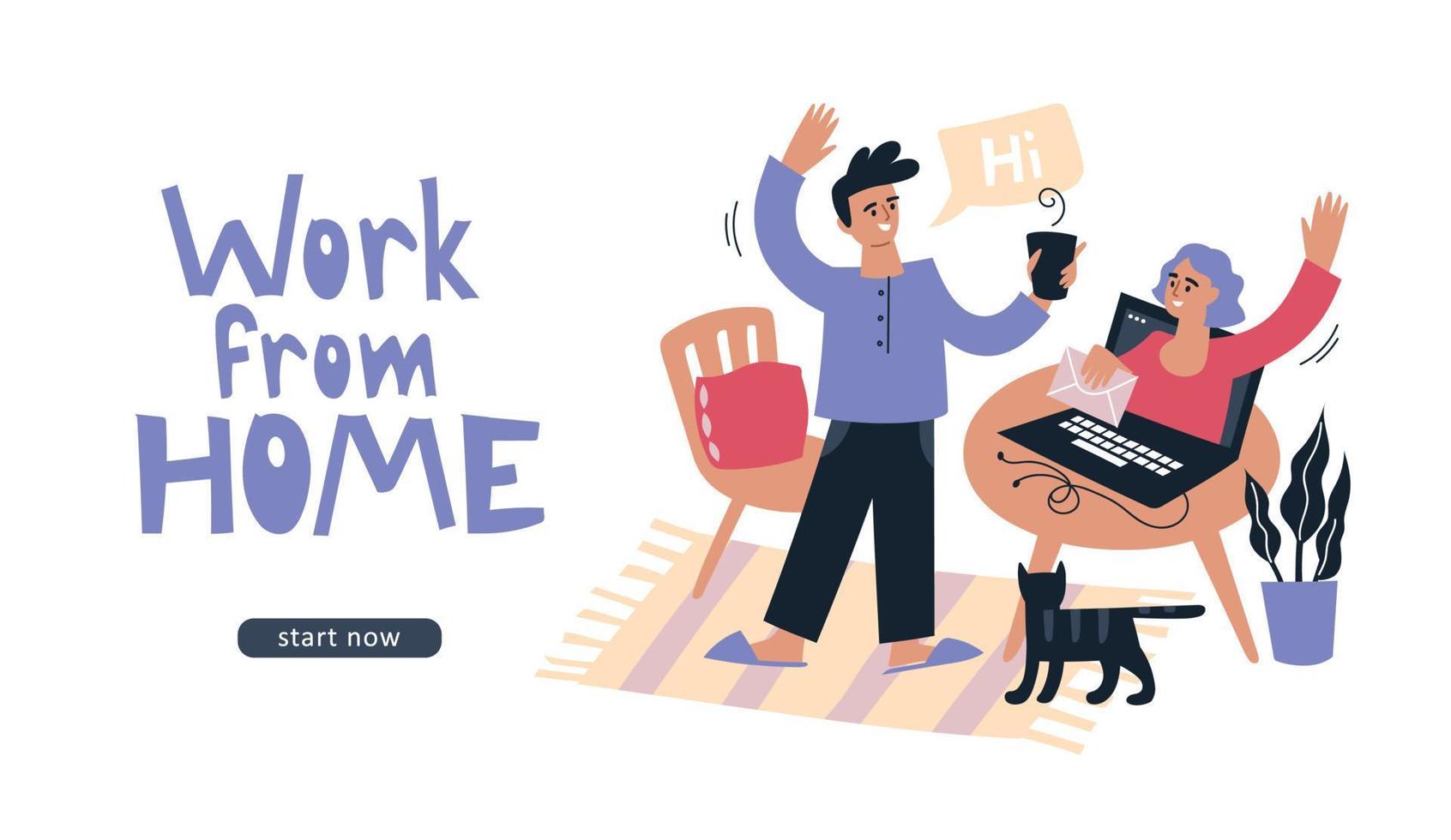 Online work. Work from home. A man with a laptop works, holds online meetings and negotiations. People and business. Set of illustrations. Vector image.