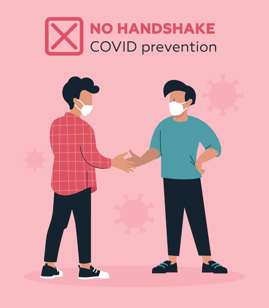 The men shake hands. A poster warning against shaking hands. Prevention of Covid. Vector illustration.