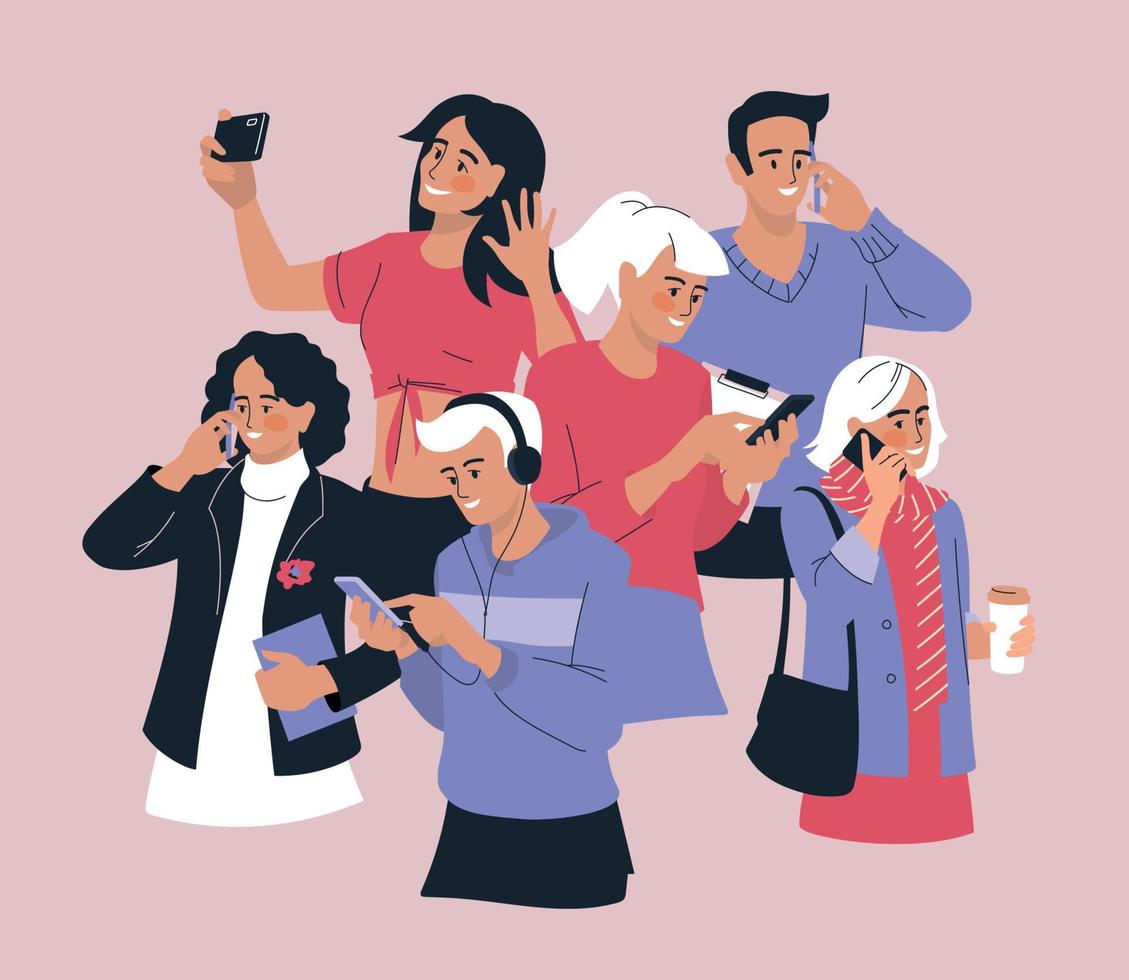 People with phone. A woman is talking on the phone, a man is calling on the phone, a guy is listening to music on the phone. Vector image.