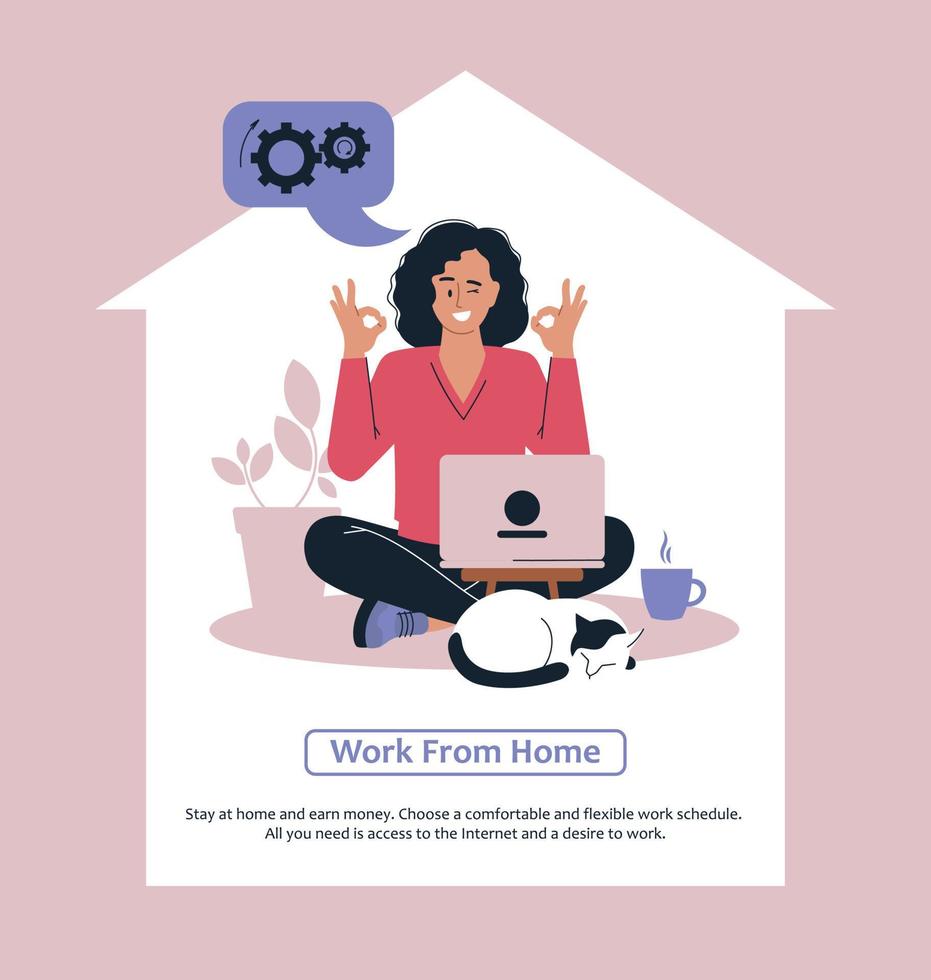 Online work. Girl with a laptop. People and business. The working process. Infographics, presentation. Freelancer, work from home. Vector image.