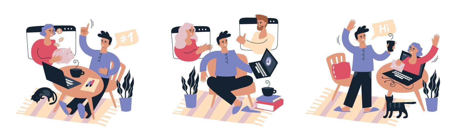 trabajo en línea trabajar desde casa. un hombre con una computadora portátil trabaja, celebra reuniones y negociaciones en línea. personas y negocios. conjunto de ilustraciones. imagen vectorial vector