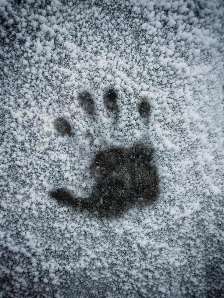 huella de mano sobre una superficie cubierta de escarcha. huella congelada de la palma de la mano derecha en la nieve. foto