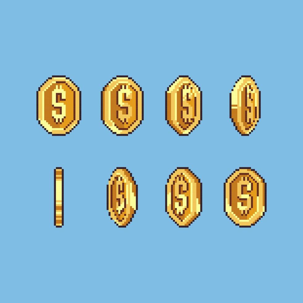 Animated set pixel art golden coin illustration vector