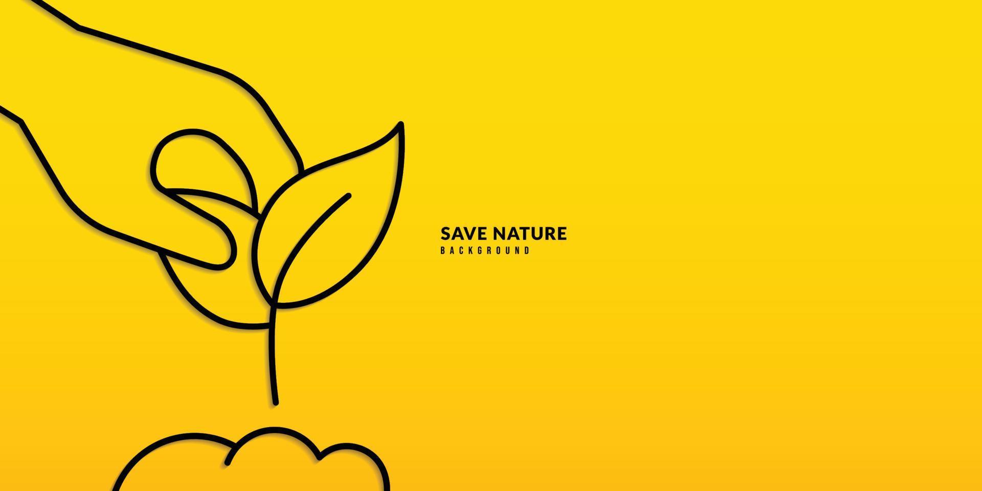 mano que sostiene la planta joven sobre fondo amarillo, la contaminación y el concepto de protección del medio ambiente. plántula crecer de árbol vector