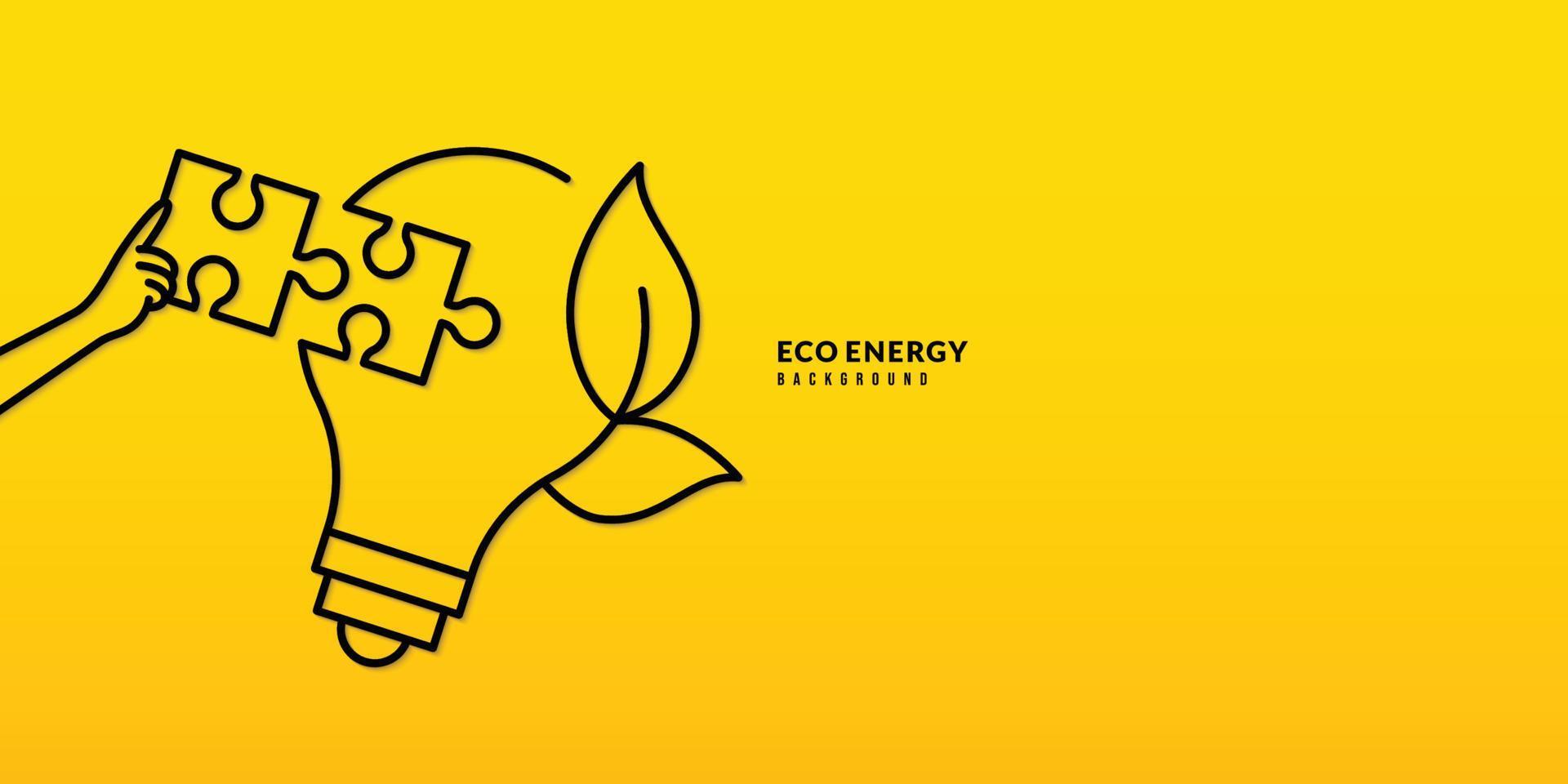 Sujete a mano el rompecabezas hasta completar la pieza del rompecabezas en una bombilla de energía ecológica sobre fondo amarillo, la contaminación y el concepto de protección del medio ambiente vector