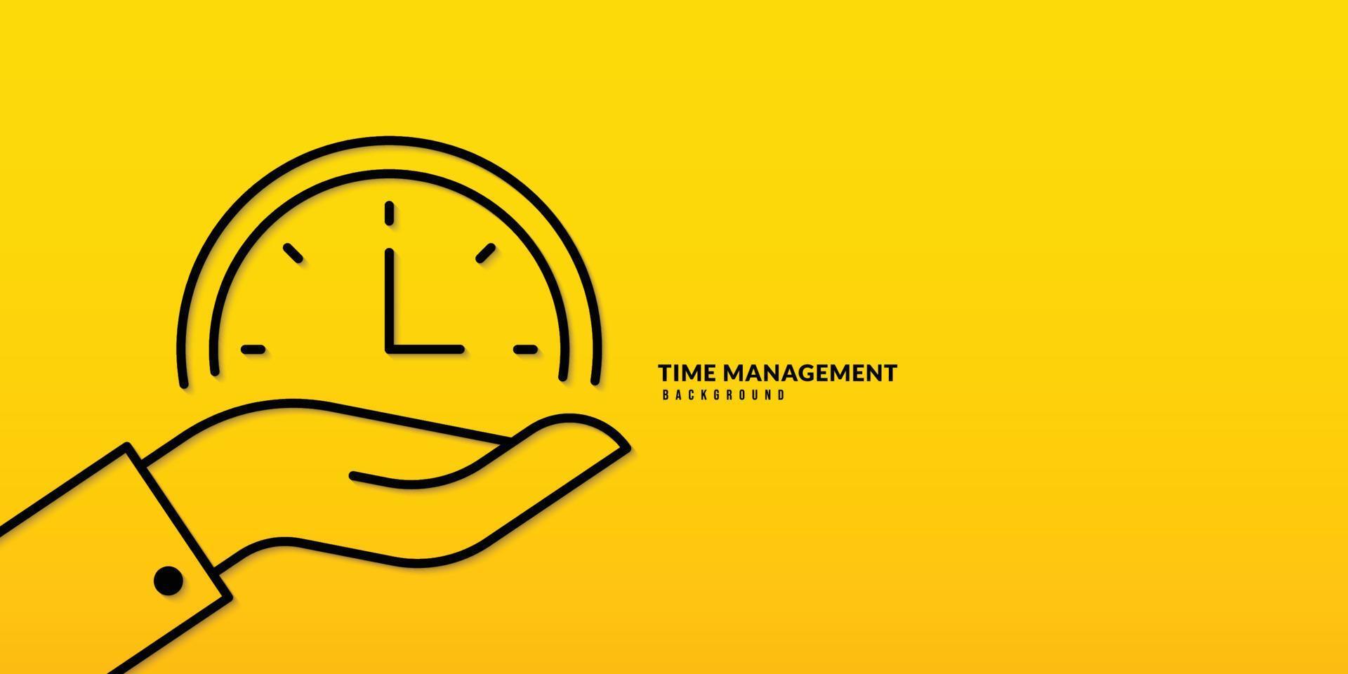Hand holding clock thin line drawing  background. Time management and Self organization concept vector